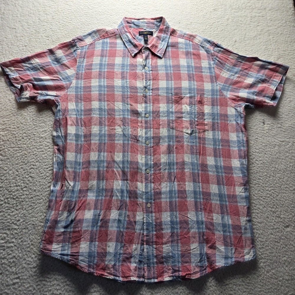 Club Room Shirt Mens 2XL Red Plaid Short Sleeve Linen Cotton Button-Up Casual
